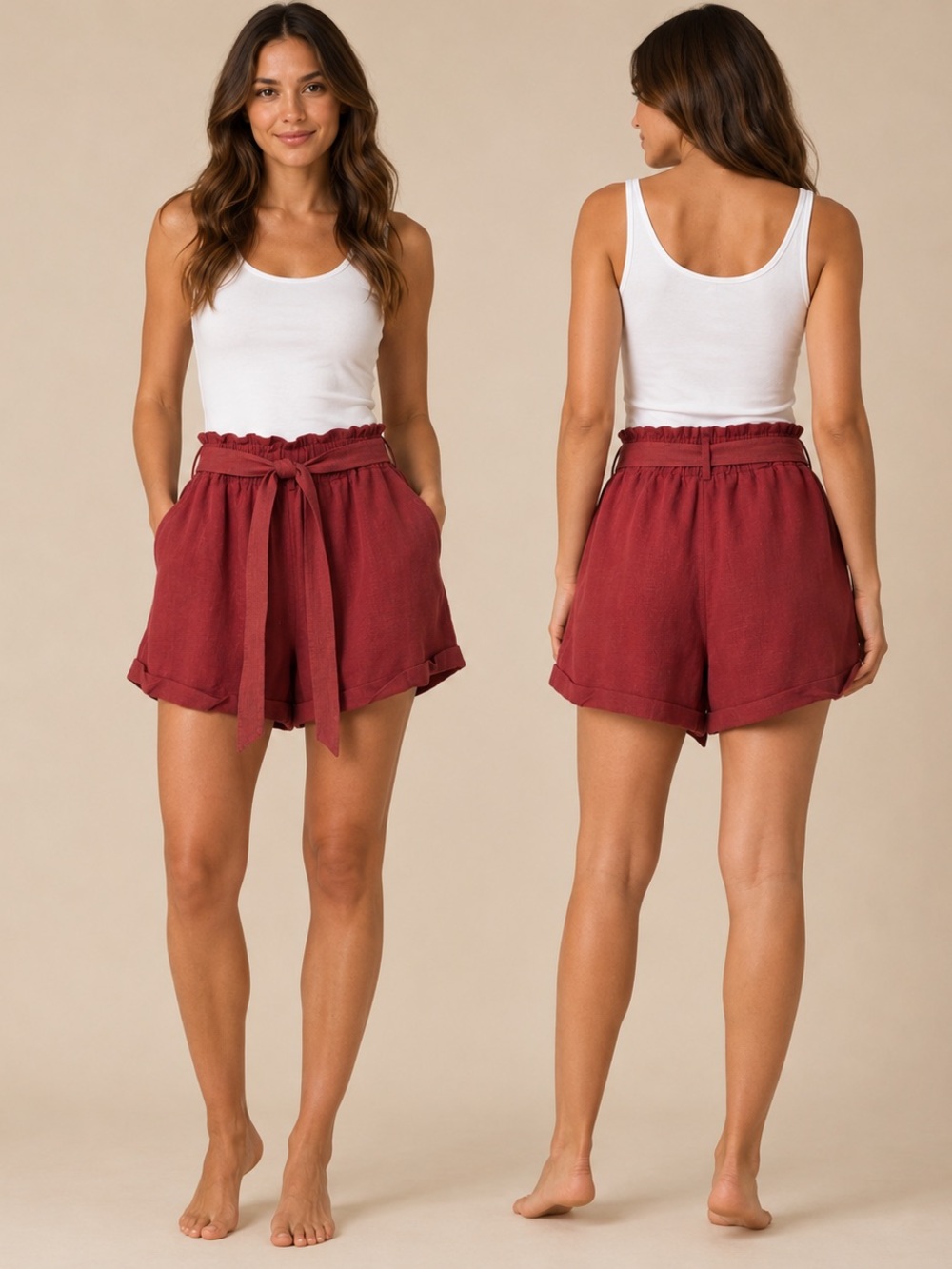 Paper Crane High-Waist Tie-Belt Shorts - Wine Red